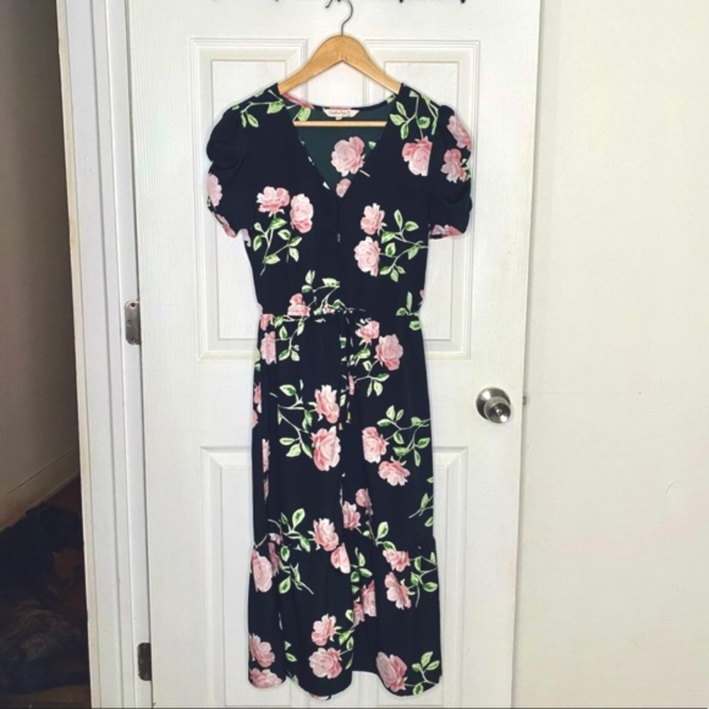 Black Pink Floral Rose Midi Dress Puff Sleeve